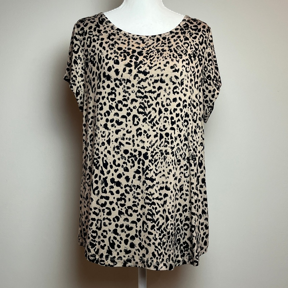 Kismet Women Tan Black Leopard Print Siro Rayon Spandex Scoop Neck Top Large
